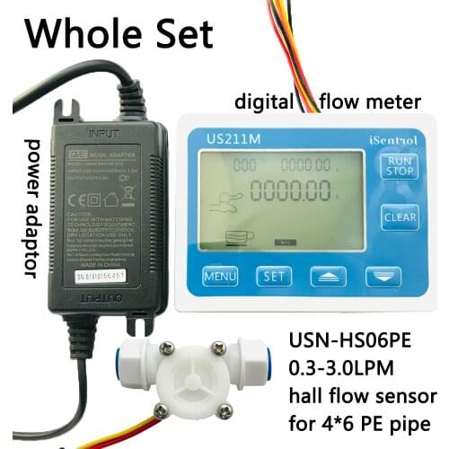 US211M Flow Meter Display with USN-HS06PE Hall Flow Sensor Measurement 0.3-3L/min Range for 4-6mm PE pipe iSentrol Saier