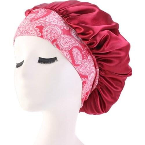 Women Satin Night Sleep Cap Hair Bonnet Hat Head Cover Print Wide Elastic Band New
