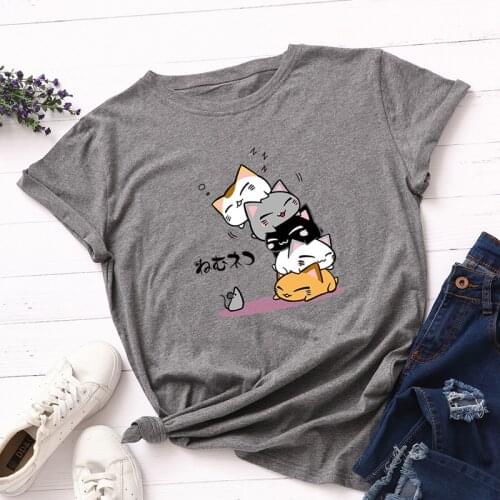 Women Cotton Tshirt Graphic Tee Summer Tops Short Sleeve Top Tees Cute Cats Print T Shirts Female Girls Harajuku Shirt