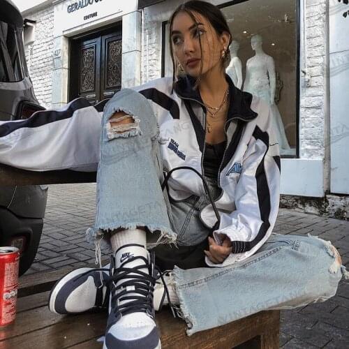 B-TOTO American Retro White Stitching Letter Sports Jacket Female Tide Ins Autumn Loose Jacket 2021 New Fashion