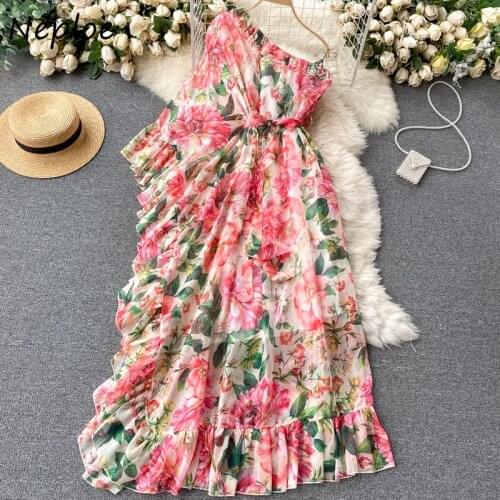 Neploe Summer Holiday Bohemian Print Long Dress Women High Waist Hip A Line Vestidos Slash Neck Shoulder Strapless Robe Slim