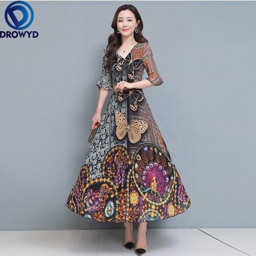 Vintage Flower Butterfly Chiffon Dress Women Summer V-neck Long Beach Dress Ladies Casual Big Swing Loose Maxi Dress Vestidos