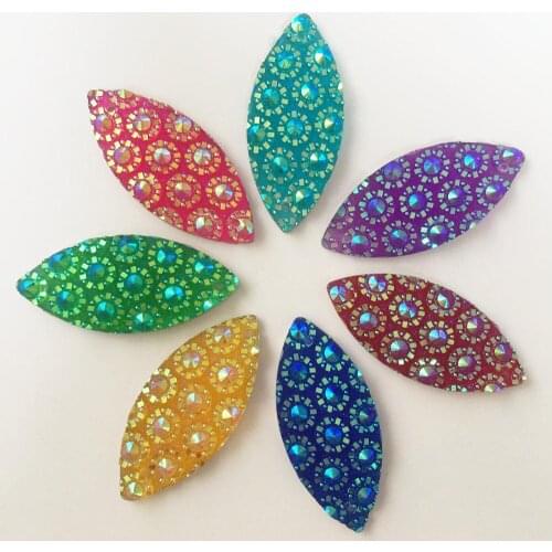 New 10PCS shiny mix AB Resin 16*35mm horse eye flower Flat back rhinestone scrapbook DIY Wedding 2 hole applique ornament SF449