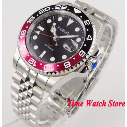 Parnis 40mm GMT Automatic mens watch sapphire glass black dial luminous waterproof diver pilot SS jubilee bracelet 1059