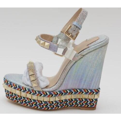 Carpaton Summer Sexy High Heel Shoes Woman Open Toe Platform Wedge Sandal Metal Rivets Studded Buckle Strap Dress Shoes