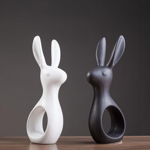 2PCS/SET RABBIT CERAMIC ORNAMENTS HOME DECOR WHITE BLACK CERAMIC RABBIT ORNAMENTS LIVING ROOM HOME DECORATION ORNAMENTS