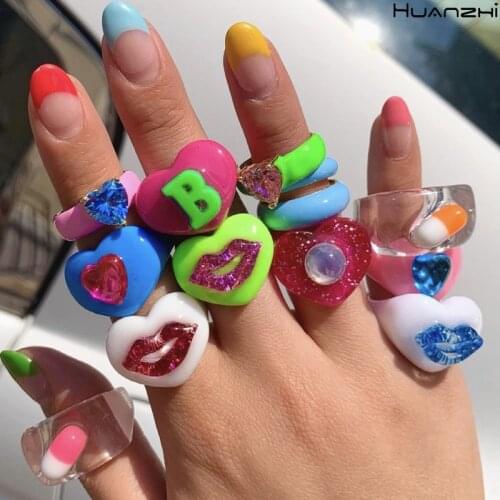 HUANZHI 2021 New Resin Colorful Cute Cartoon Small Pill Capsules Transparent Rings Geometric for Women Girls Summer Jewelry