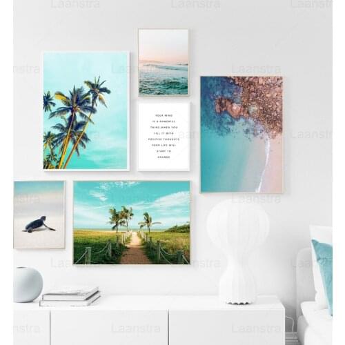 Seaside Landscape Canvas Painting Blue Sky Navy Sea Posters and Prints Coconut Tree Wall Pictures Living Room Summer Memories