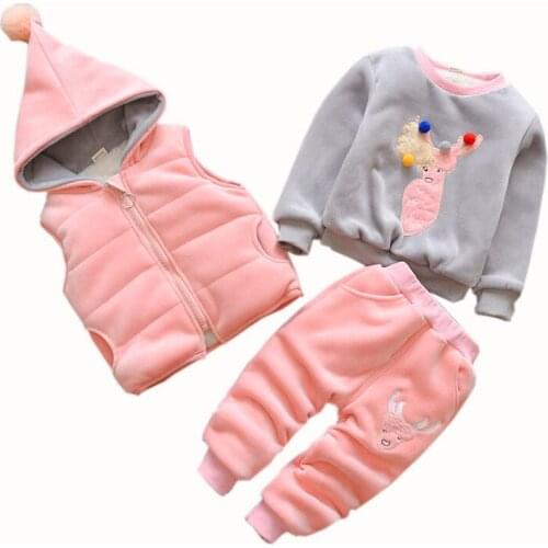 2019 Girl Boy 3pcs Clothing Set Unisex Cute Cartoon Hooded Regular Jackets Pant Winter Warm Children Kids Sweater Sport Suit