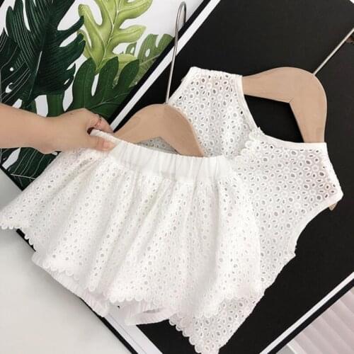 Summer Baby Set Children Outfit Girls Toddler Clothes White Sleeveless Lace Shirts + Shorts Two Piece Suit Clothing Sets JW6421