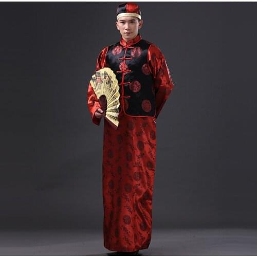 Mens Traditional Chinese Clothing Set Vest Long Shirt and Hat Stage Drama Performance Wedding Ma Coat Long Shirt Show Harvest