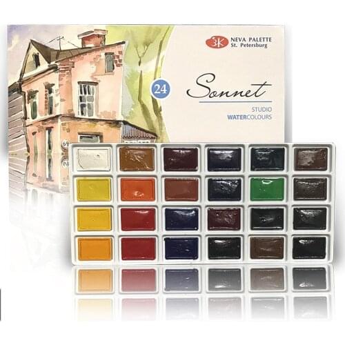 Russian White Night Solid Watercolor 24 Color Acuarelas Paint student full pan Aquarela Drawing set
