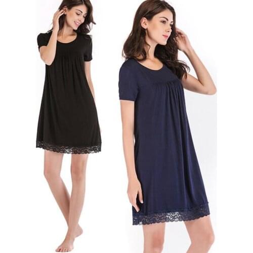 Nightdress lace sexy navy blue 2020 spring and summer new womens loose home service short-sleeved soft bathrobe pijama