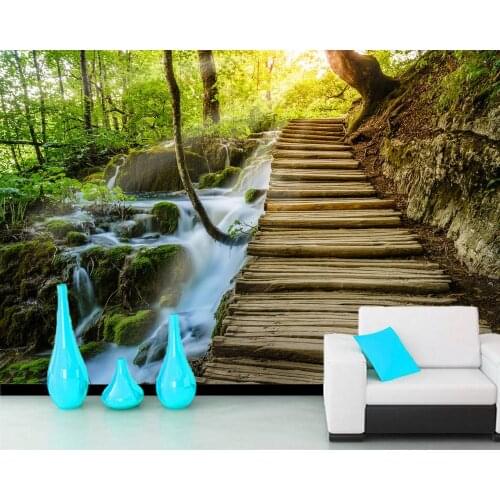 Papel de parede forest Waterfall wooden bridge landscape 3d wallpaper,living room bathroom bedroom wall papers home decor mural