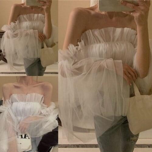 Casual Tops White Sexy Ruffle Off Shoulder Long Sleeve Tops Blouses Shirts Fashion Tulle Blouse Shirt Custom Made