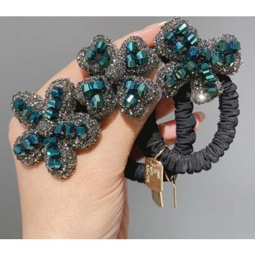 Green Ins Star Flower Rhineston Elastic Hair Band For Women Hair Accessories For Girls Crystal Hair Tie Rubber Band Wholesale