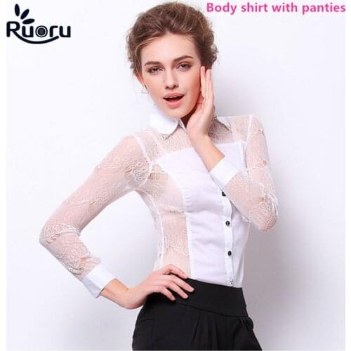 Ruoru Long Sleeve Tops Patchwork Lace Blouse Slim Fit Women Body Suit Sexy Crochet Body Blouse Black Office Shirt Top Femme