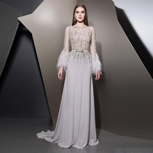 Silver Celebrity Dresses A-line Scoop Long Sleeves Chiffon Beaded Feather Long Famous Formal Red Carpet Dresses