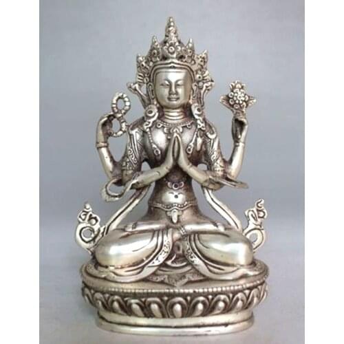 Tibet Buddhism Silver Bodhisattva Four-armed Avalokiteshvara Buddha Statue 14cm height