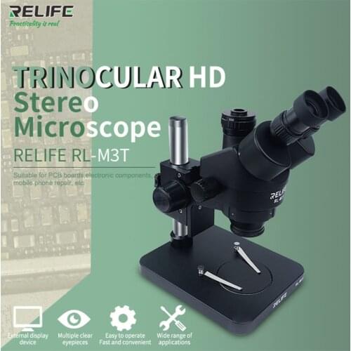 RELIFE Trinocular Stereo Microscope 0.7-4.5X Continuous Zoom Microscope With Camera for Phone PCB Electronic Repair Device RL-M3