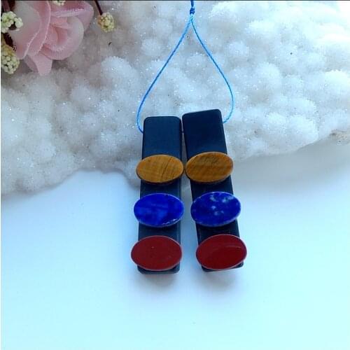 Design,Obsidian,Red River Jasper, Lapis Lazuli Tiger-Eye,Intarsia Gemstone earring bead,40x12x6mm,9.28g