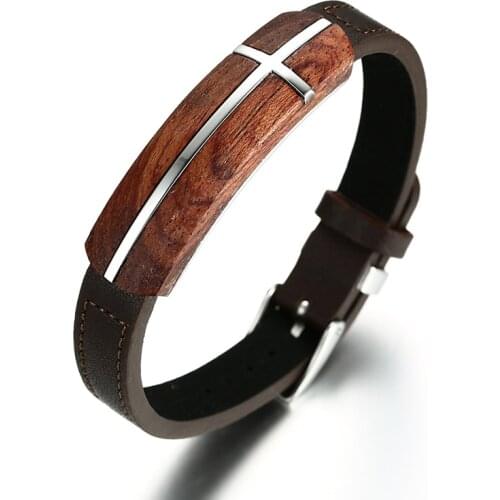 Unique Mens Bracelets Scented Rosewood Tag Genuine Leather Bracelet Size Adjustable Stainless Steel Cross Wristband Jewelry