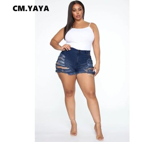 CM.YAYA Women Shorts Denim Mid Waist Ripped Hole Sheath Elastic Mini Jeans Fashion Casual Sexy High Streetwear Summer 2021