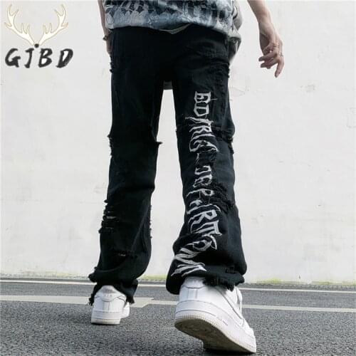 High Waist Women Ripped Jeans Streetwear Embroidery Fashion Wide Leg Pants Black 2021 Summer Baggy Girl Straight Denim Trouser