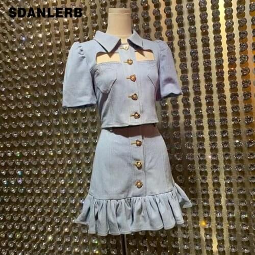 Summer New Fashion Outfits Suit Womens Denim Shirt Three-Dimensional Short Sleeve Crop Top + Ruffles Mini Skirt 2-Piece Set