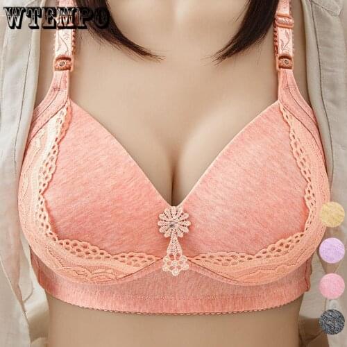 Plus Size Underwear Women Push Up Bra Lace Sexy Gathered Bras Seamless Wire Free Cotton Thin Bralette Pink Floral Brassiere Tops
