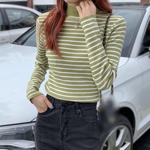 Womens Striped Half-neck Knit Pullover Fashion Casual Slim Colorful Long-sleeved Pullover Tops
