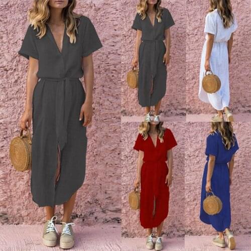 2018 Fashion Women Ladies Half Sleeve Shirt Loose Blouse Sashes Casual Summer Dress Solid Deep V-neck Split Straight Dresses