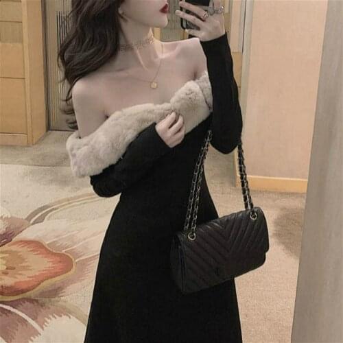 Elegant Vintage Dress Women Long Sleeve Sexy Fur Collar Evening Party Black Dress Female One-piece Dress Korean 2020 Autumn Chic