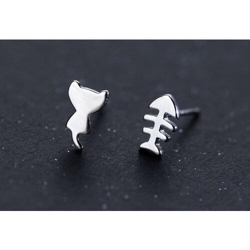 Asymmetry Earrings Real. 925 Sterling Silver Kitten Cat &Fish bone Ear Stud Earrings Ear-Bone Jewelry C-G2238