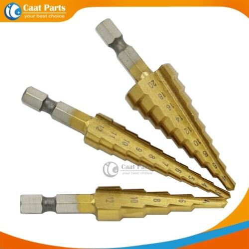 Free Shipping! 3Pcs/Lot Hex Shank 1/4''(6.35mm) 3-12 4-20 4-12mm HSS Titanium Coated ladder drill Bit Set, High quality