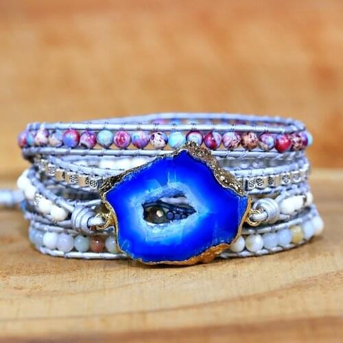 Blue Agate Piece Hand-woven Multi-layer Leather Bracelet, Ethnic Style Retro Boho Wrap Bracelet Wholesale Bulk