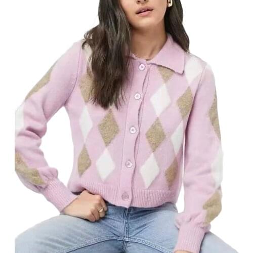 Breathable Girls Long Sleeve Knitwear Ladies Creative Diamond Plaid Lapel Single-breasted Knitted Coat Casual Cardigan
