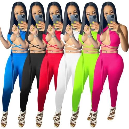 Echoine Sexy 2 Two Piece Sets Womens Vacation Outfits Summer Hollow Out Cross Halter Crop Top and Sports Pant Suits Club Outfits