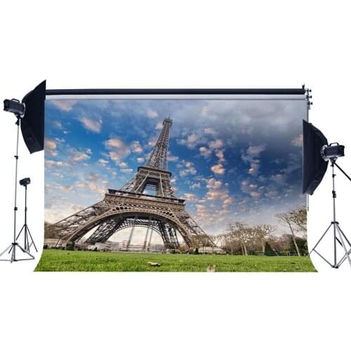 Eiffel Tower Backdrop Spring Trees Green Grass Meadow Blue Sky White Cloud Nature Romantic Wallpaper Background