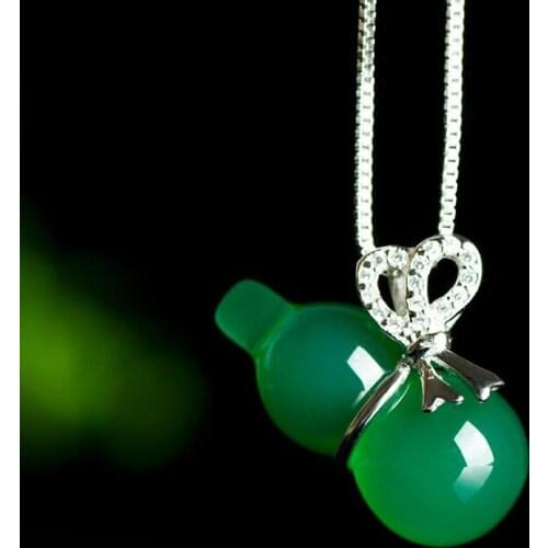 Natural Green Agate Inlaid with S925 Silver Gourd Pendant Necklace Jewelry Fine Jewelry Agate Crystal Pendant Christmas Gift