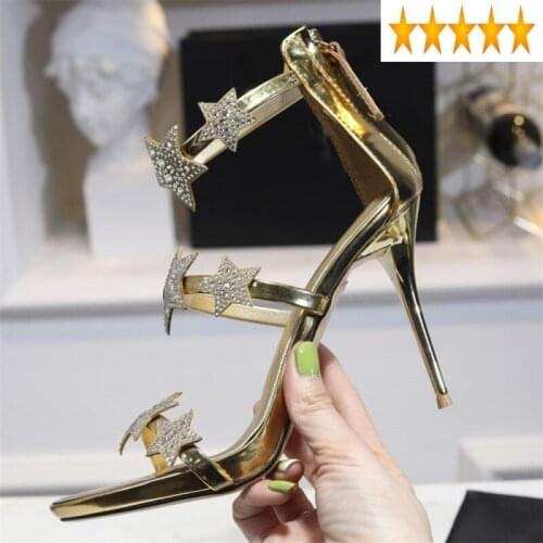 Leather 2021 100% Real Women Sexy Open Toe Thin High Party Dress Sandals Gold Ankle Strap Heels Summer Footwear