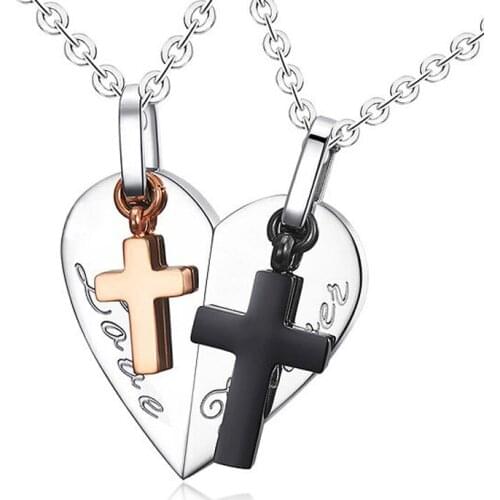Heart Love Couples Necklace Trendy Stainless Steel Cross Pendant Necklace for Women Men Anniversary Jewelry