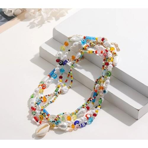 Bohemian Transparent Colorful Evil Eye Beaded Chain Necklace for Women Shell Irregular Pearl Necklace Handmade Jewelry Gift