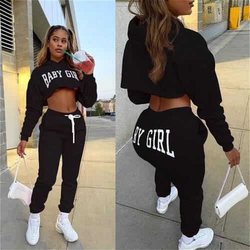 Letter Print Two Pieces Sets Women Tracksuits 2021 Spring Fall Long Sleeve Hoodies Crop Tops and Pants Female Casual 2Pcs Sets