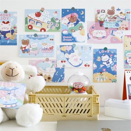 15Pcs Ins Style Cute Rabbit Bear Cartoon Paper Card Stickers Walls Play with Friend Stick on The Wall Props Home Decoration