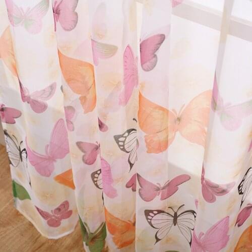 Tulle Sheer Light Ployester chiffon Butterfly Printed Fabric Balcony Curtains with Lace Tulle for Home Living Room window Decor