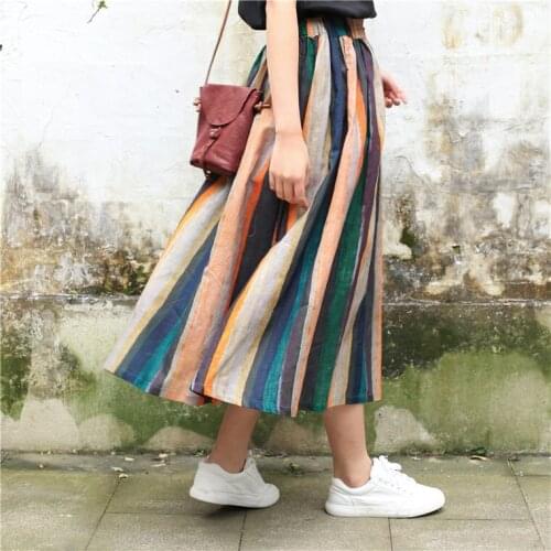 Spring Summer Cotton Linen Colorful Rainbow Striped Midi Long Calf Length Loose Wide Boho Korean Elastic Waist Skirt Fashion New