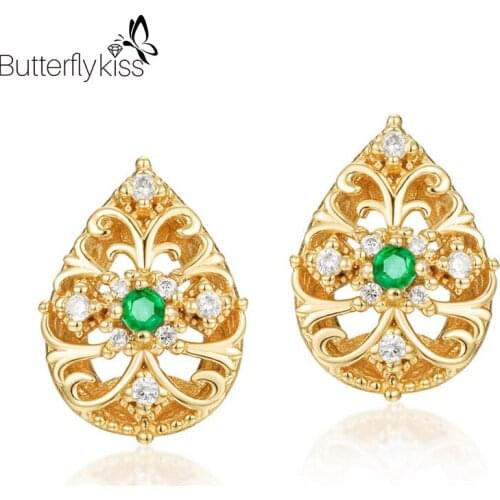 BK 925 Sterling Silver Stud Earrings For Women Girl Natural Emerald Zircon Water Drop Vintage Fashion Fine Jewelry Anniversary