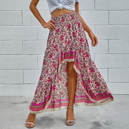 Women Skirts Stylish Elastic High Waist Ethnic Floral Print High Low Hem Long Skirt Summer Beach Womens Clothing женские юбки