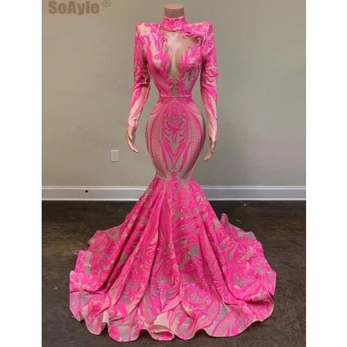 SoAyle Real Sample Long Nigeria Prom Dresses 2020 Sheer Neck Mermaid Sequin Pink African Women Prom Dress Spandex Dresses